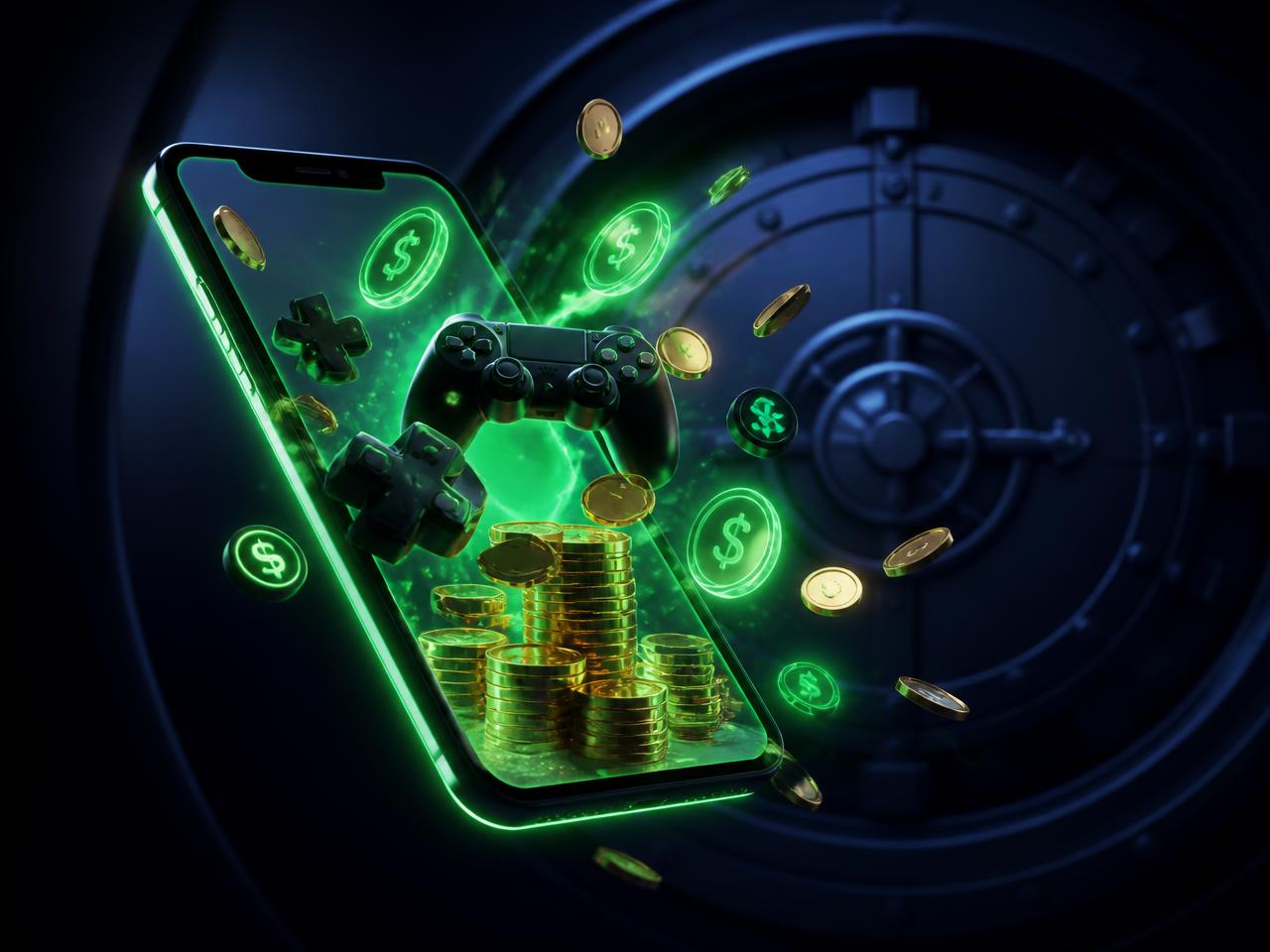 Teléfono con monedas saliendo de la pantalla, ganancias por jugar